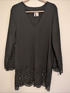 Kenneth Cole Black V-Neck Tunic Dress with Laser-Cut Hem